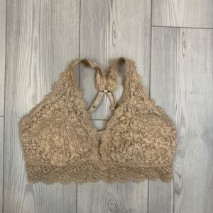 Aerie Eyelash Lace Plunge Padded Bra Bralette Brown Large DD